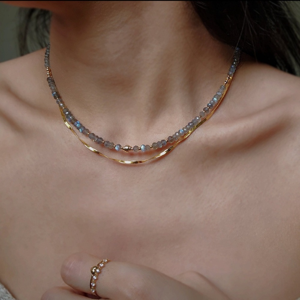Natural Labradorite Choker Necklace Beaded 14K Gold
